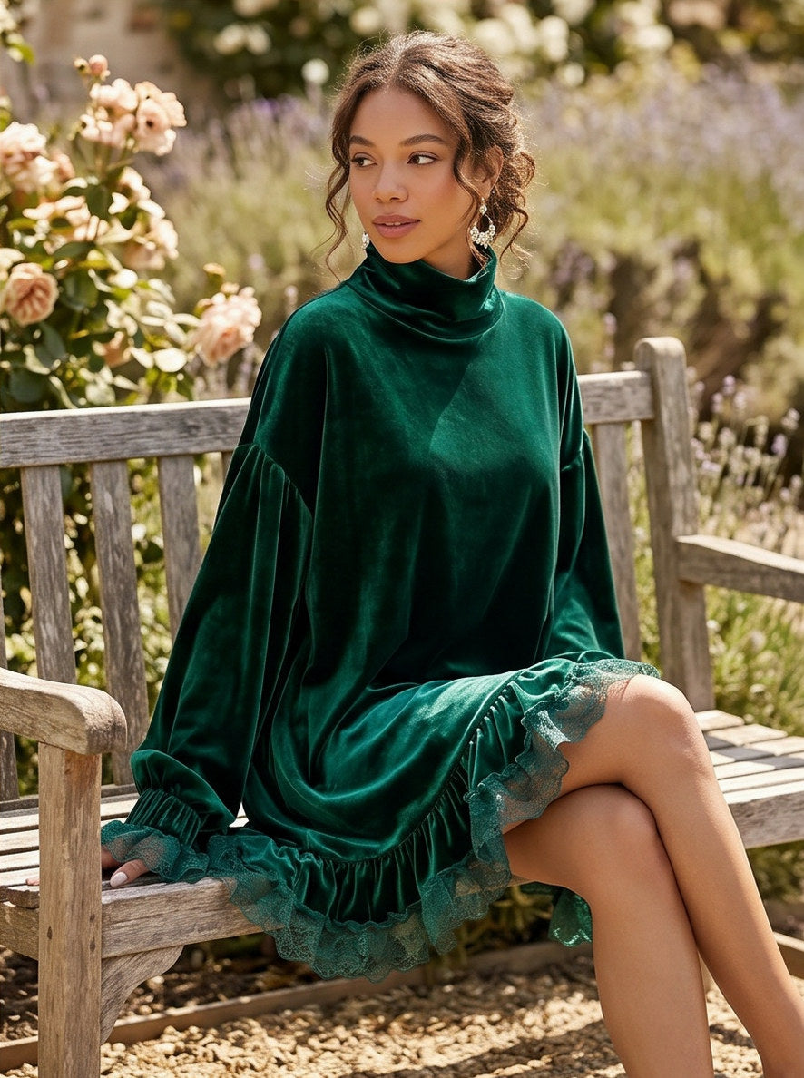 Velvet Turtleneck Ruffle Mini Dress