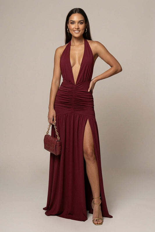 Halter Ruched Maxi Dress