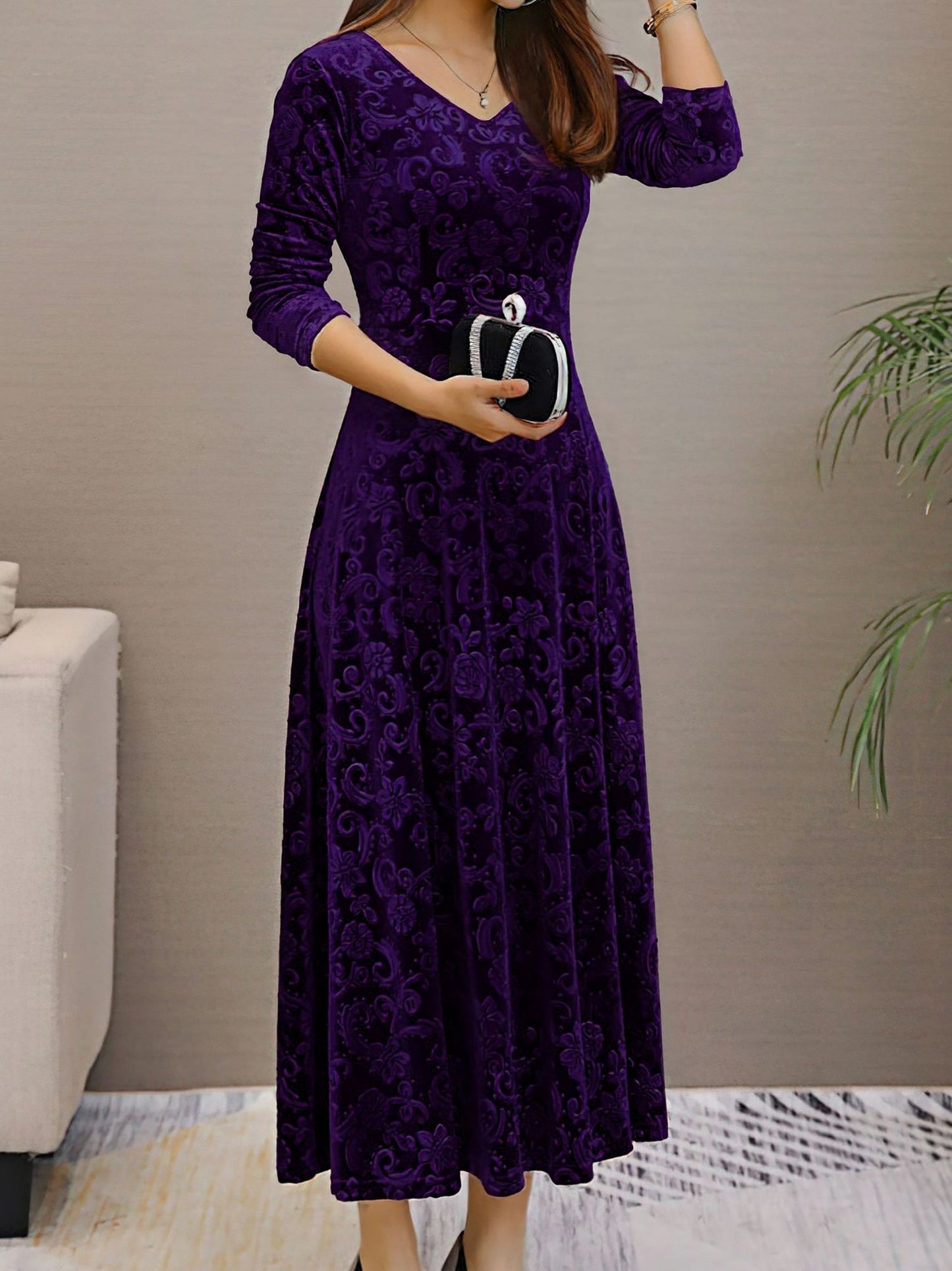 Textured Velvet Long Sleeve Maxi Dress