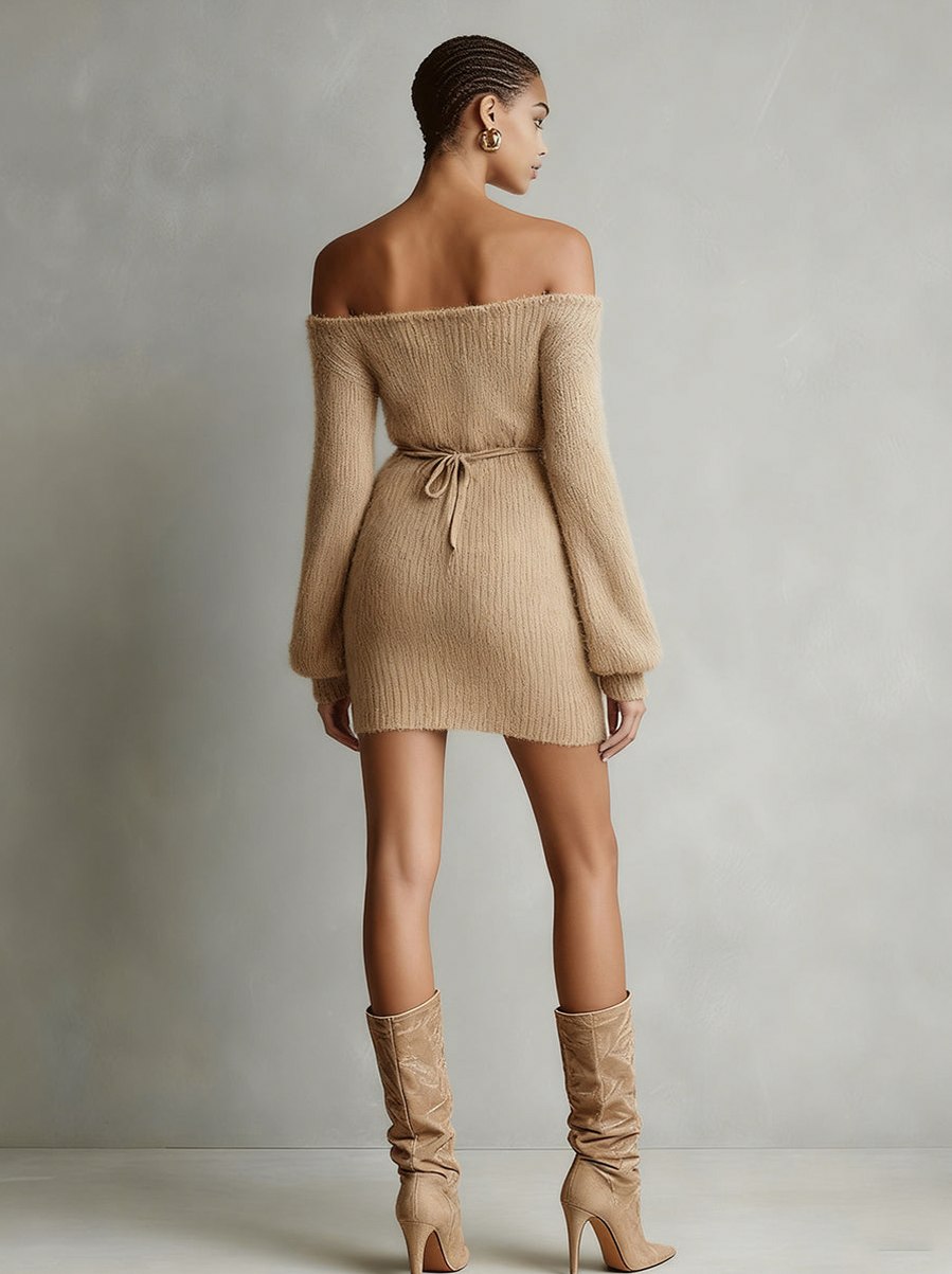 Off Shoulder Belted Knit Dress