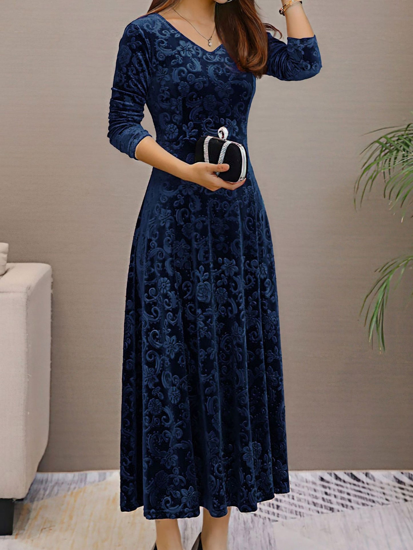Textured Velvet Long Sleeve Maxi Dress