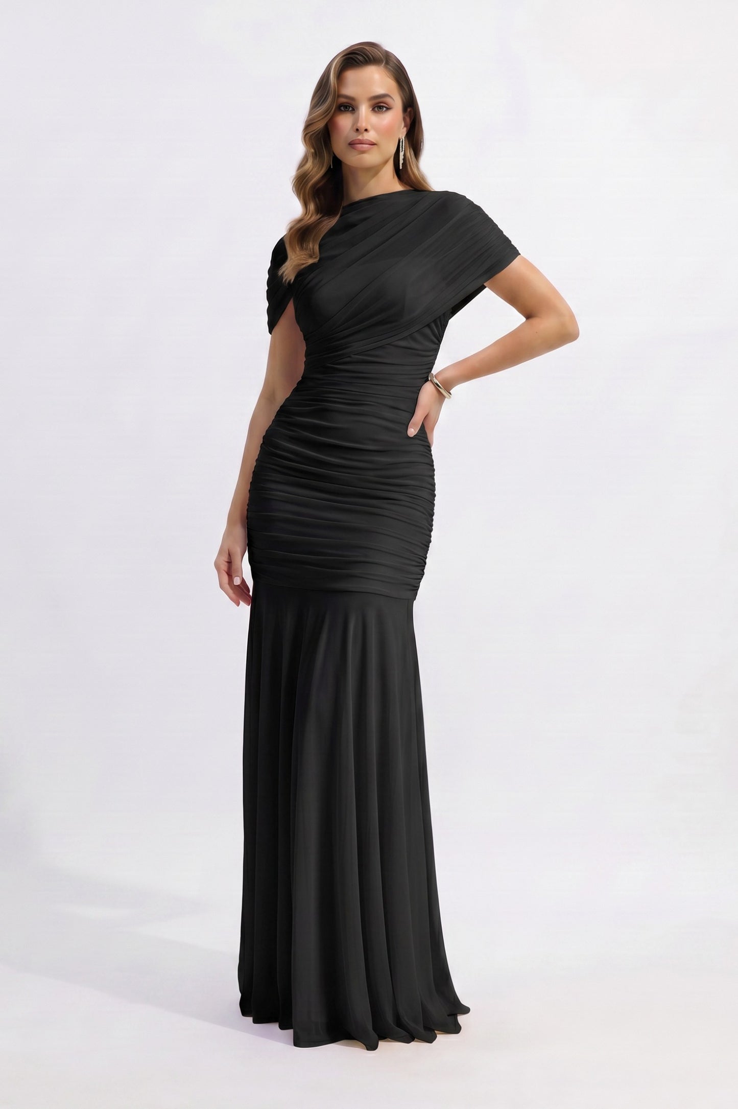 Chiffon Ruched High Neck Maxi Dress