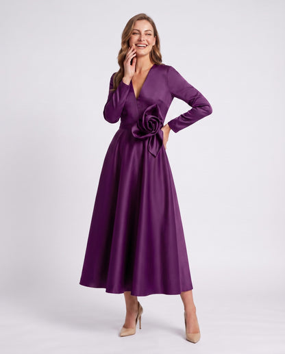 Satin Long Sleeve Midi Dress