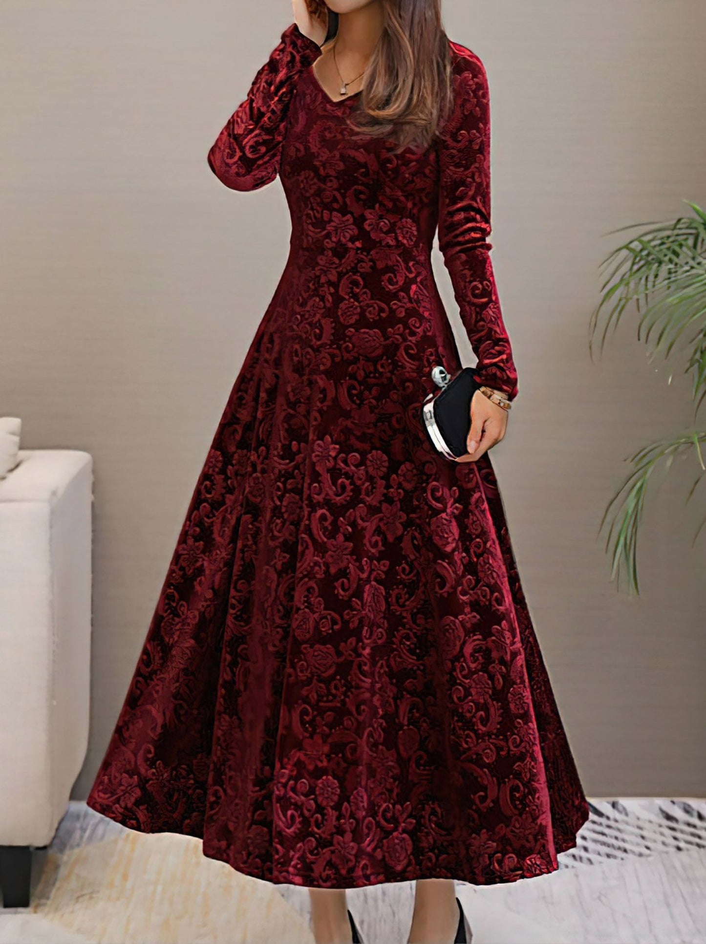 Textured Velvet Long Sleeve Maxi Dress