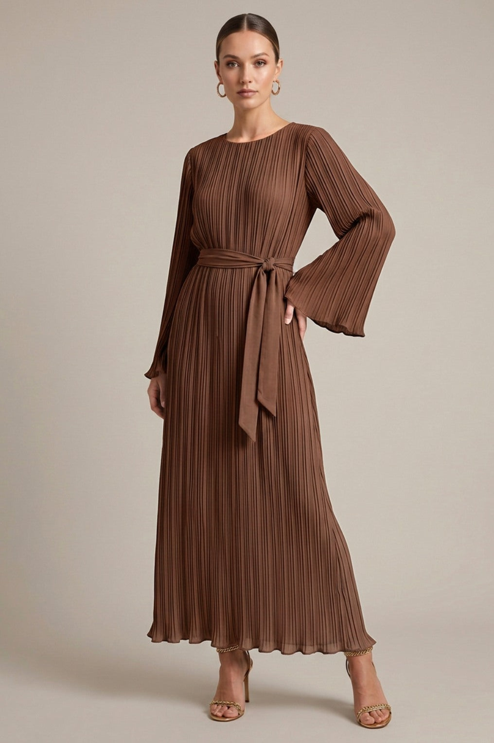 Pleated Belted Long Sleeve Dress