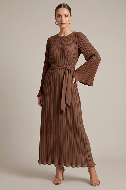 Pleated Belted Long Sleeve Dress