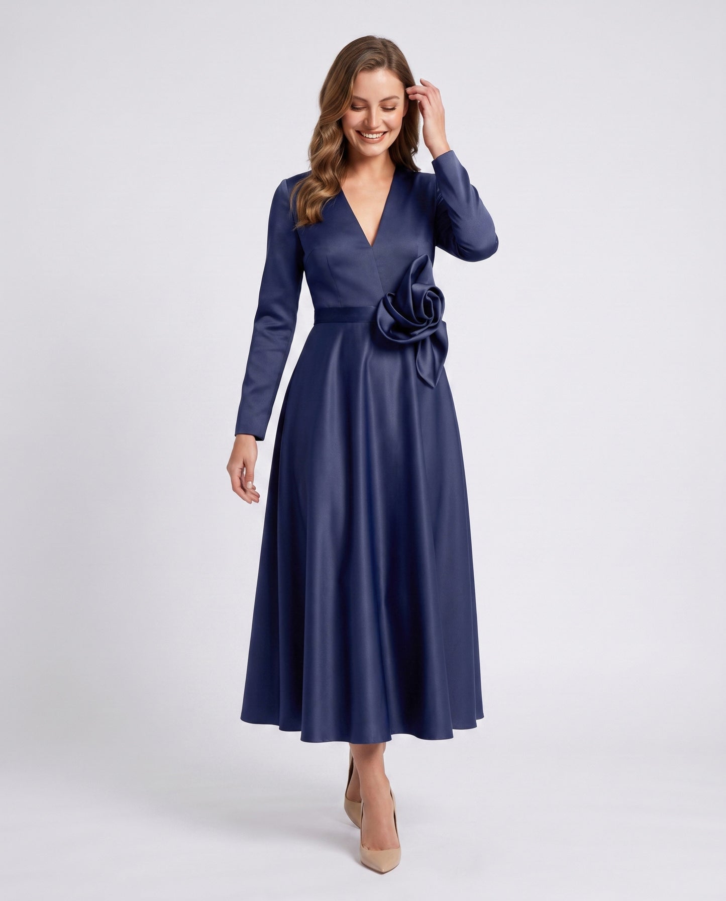 Satin Long Sleeve Midi Dress