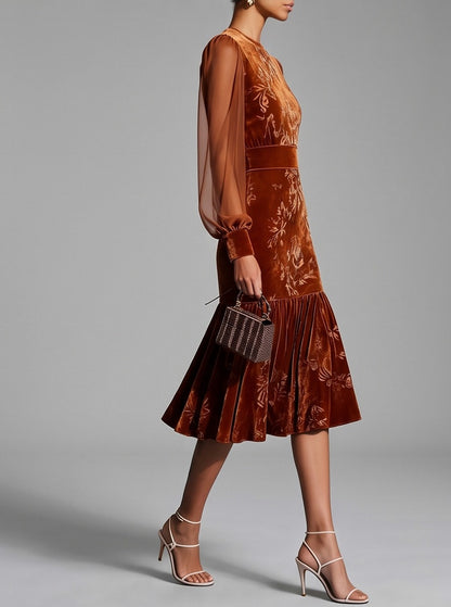 Velvet Floral Long Sleeve Midi Dress