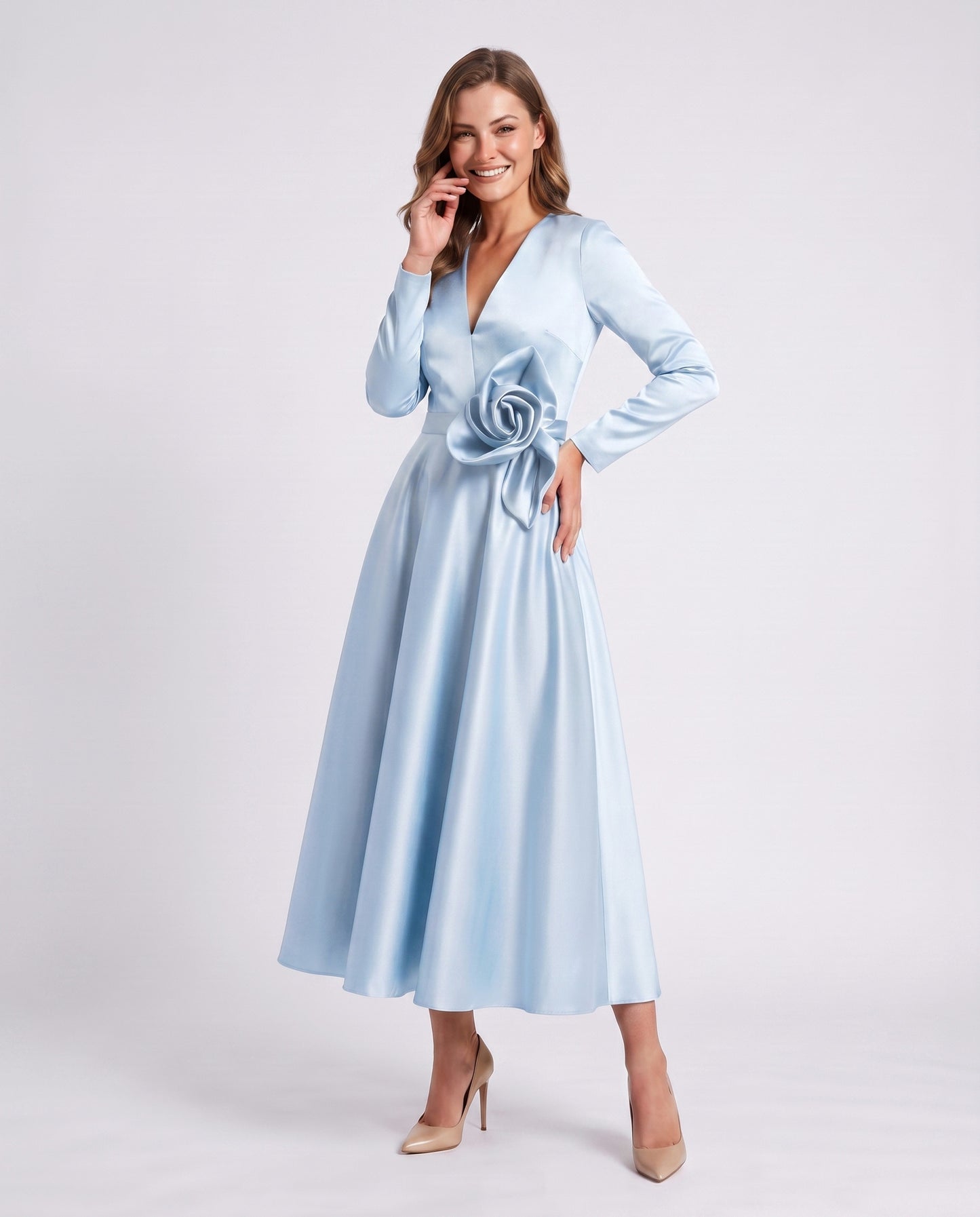 Satin Long Sleeve Midi Dress