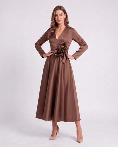 Satin Long Sleeve Midi Dress