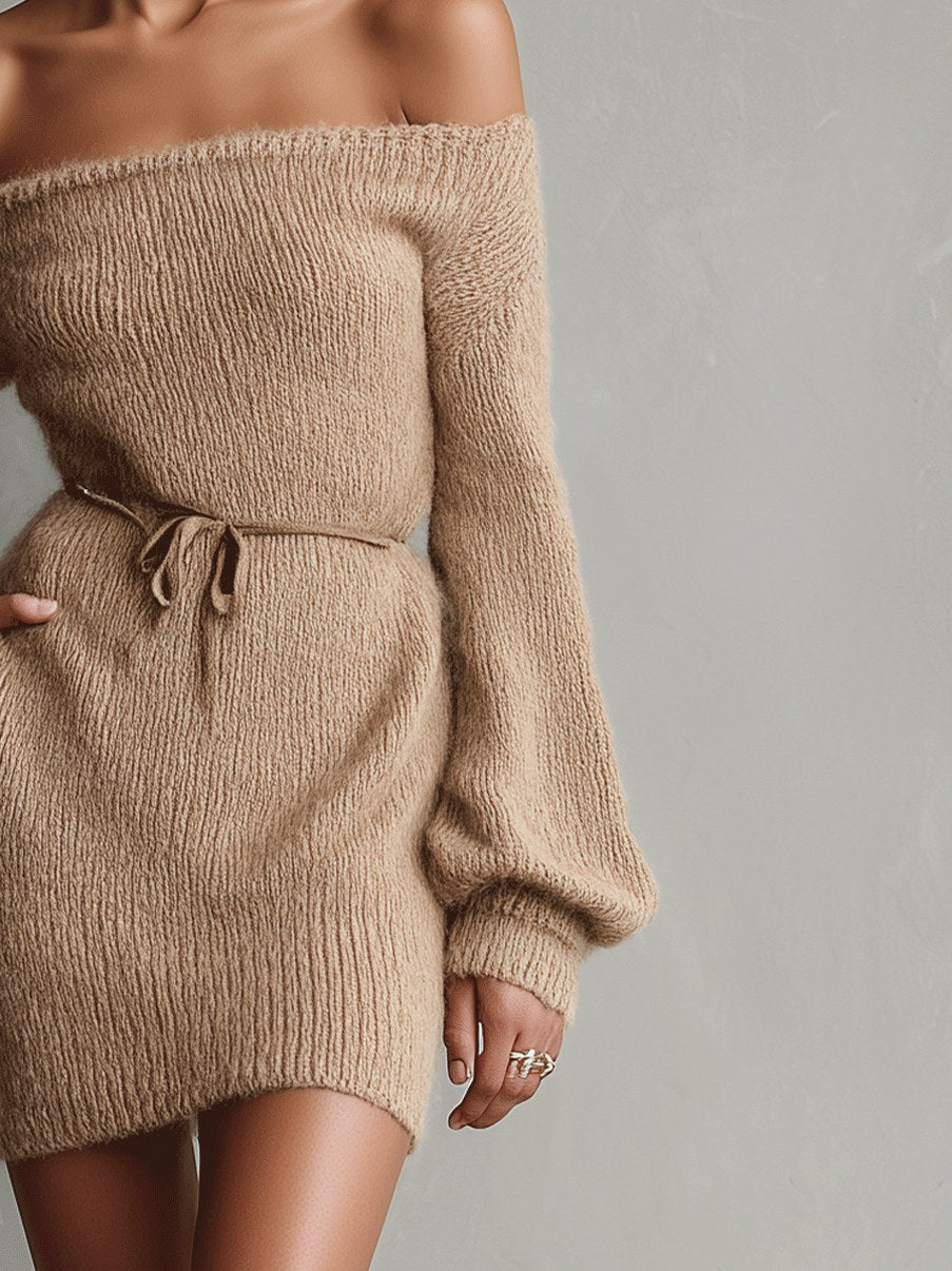 Off Shoulder Belted Knit Dress
