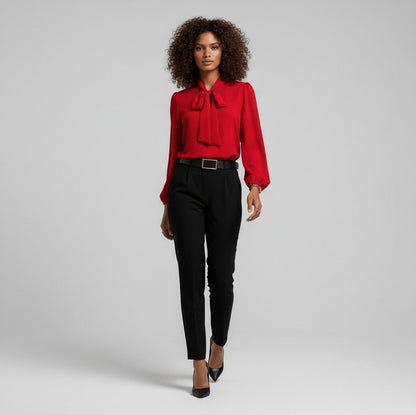 Crepe Tie Neck Long Sleeve Blouse