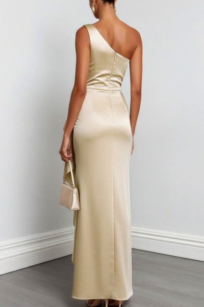 Satin One Shoulder Ruched Gown