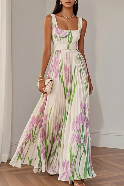 Floral Pleated Belted Maxi Dress