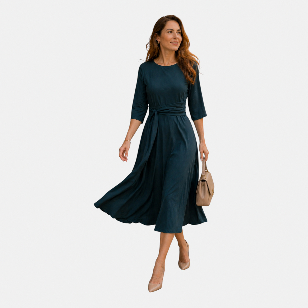 Belted 3/4 Sleeve Midi Dress