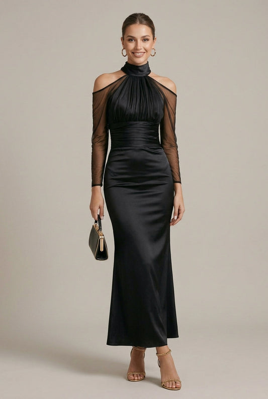 Satin Ruched Cutout Maxi Dress
