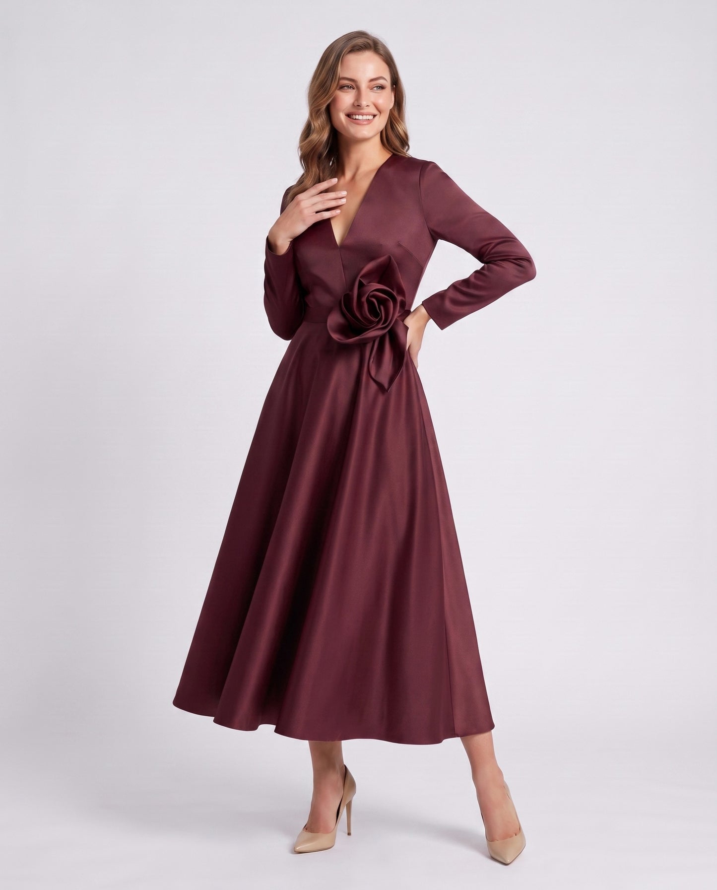 Satin Long Sleeve Midi Dress