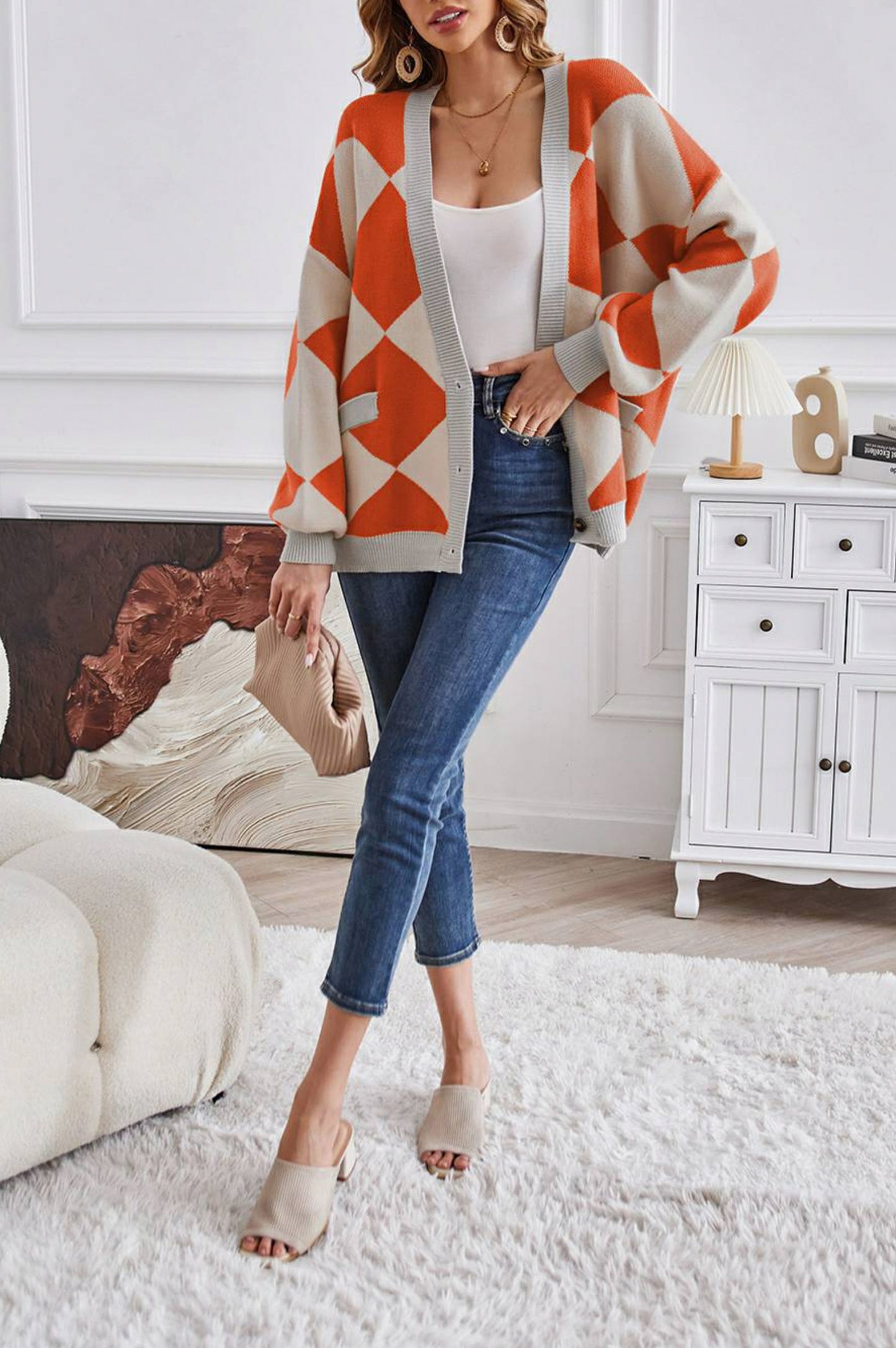 Geometric Knit Button Front Cardigan