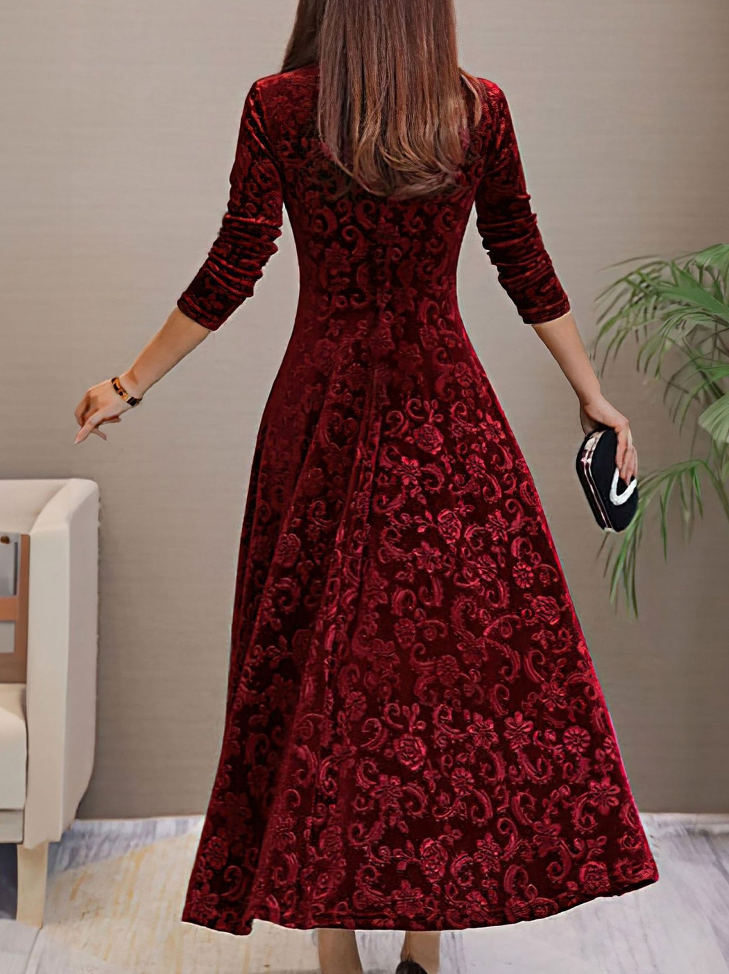 Textured Velvet Long Sleeve Maxi Dress