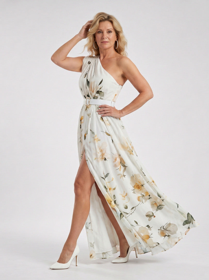 Floral One Shoulder Belted Maxi