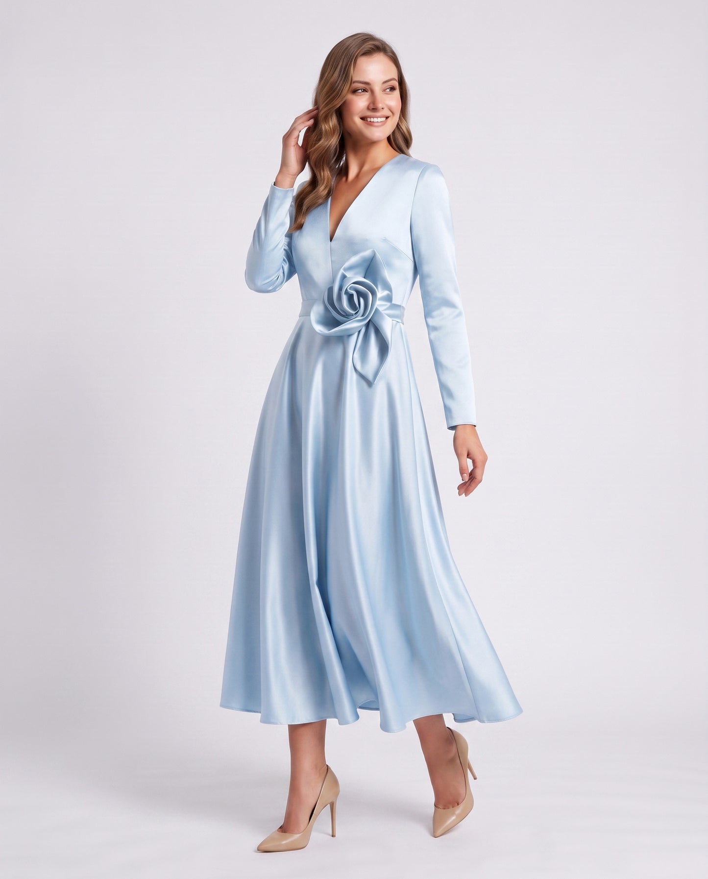 Satin Long Sleeve Midi Dress