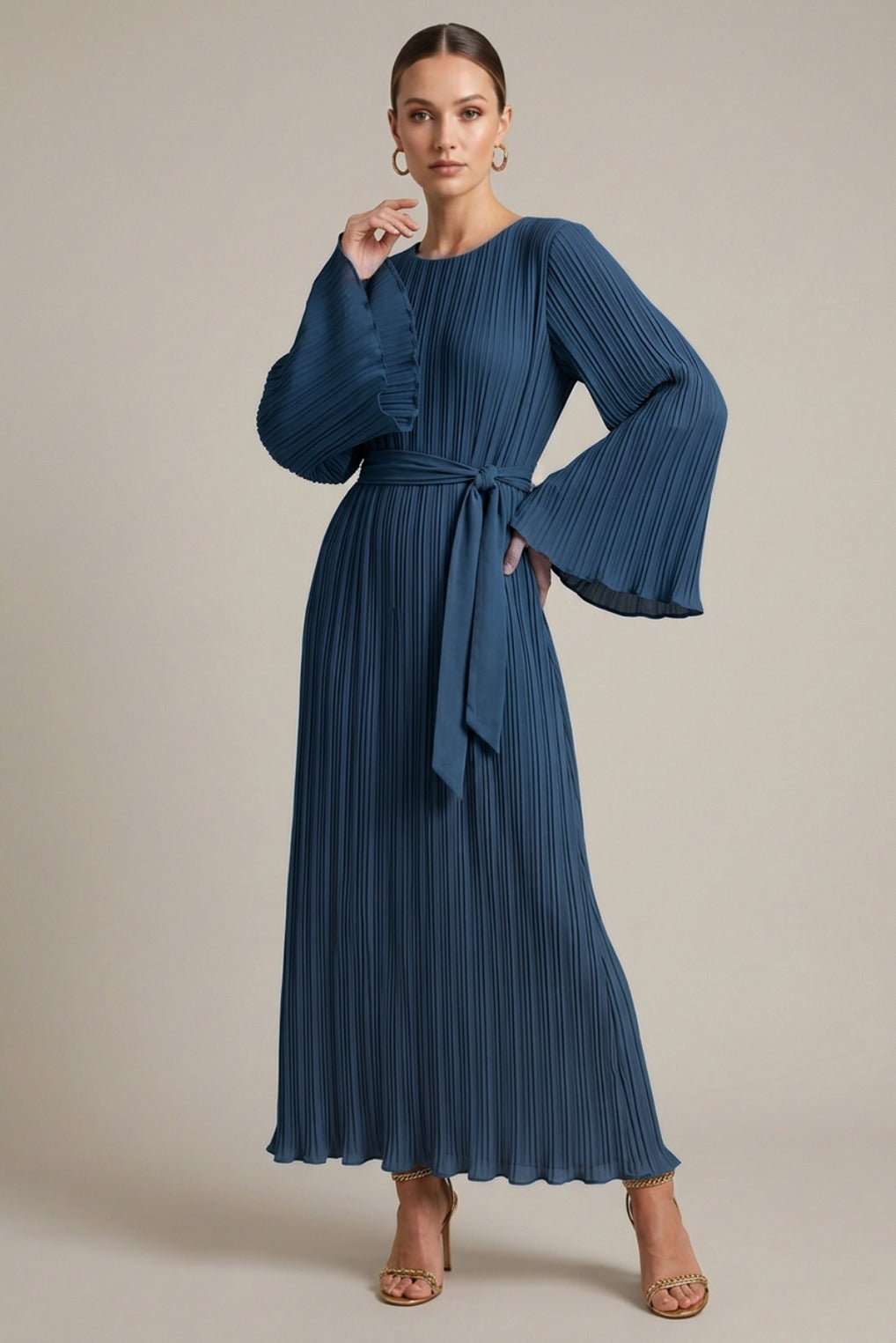 Pleated Belted Long Sleeve Dress