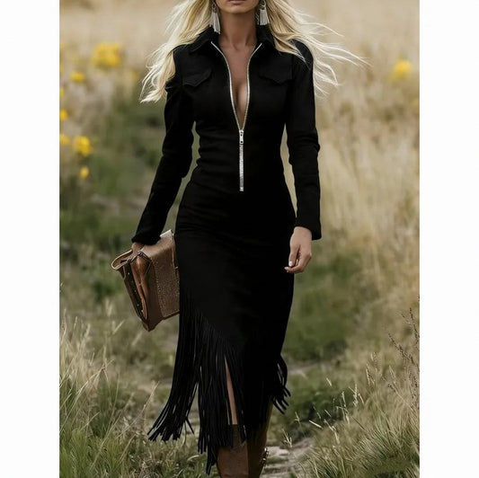 Long Sleeve Fringe Midi Dress