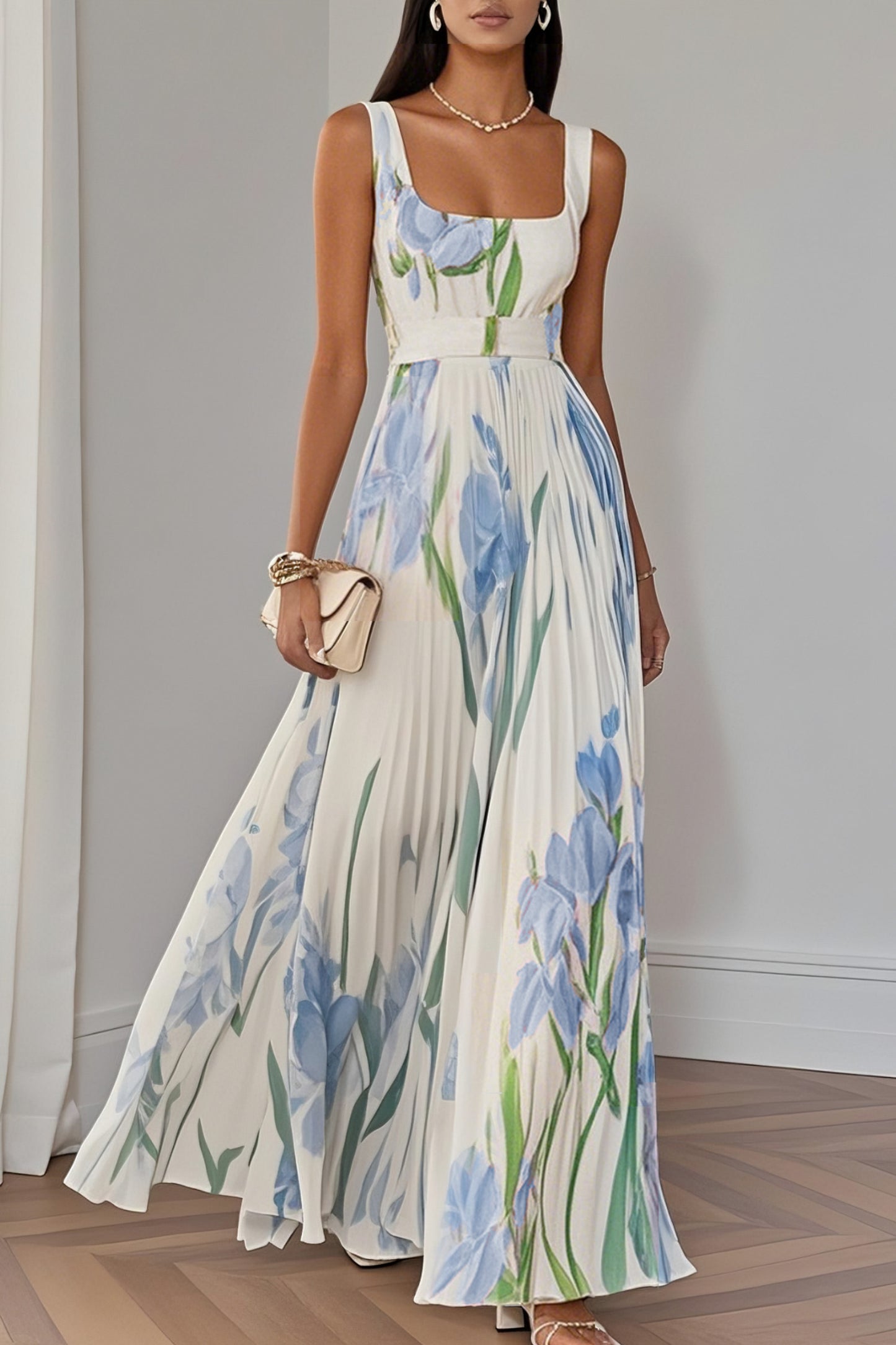 Floral Pleated Belted Maxi Dress