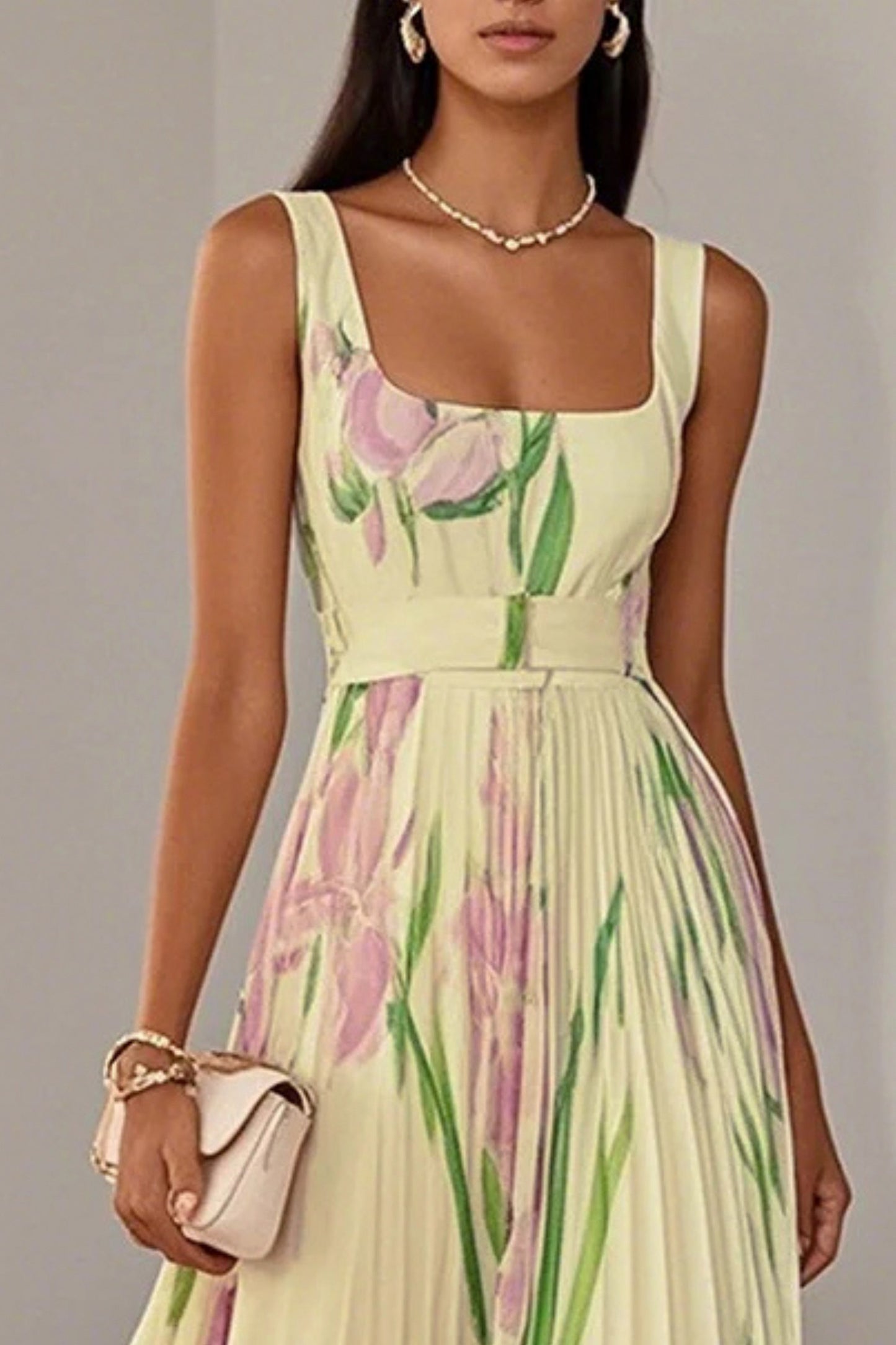 Floral Pleated Belted Maxi Dress