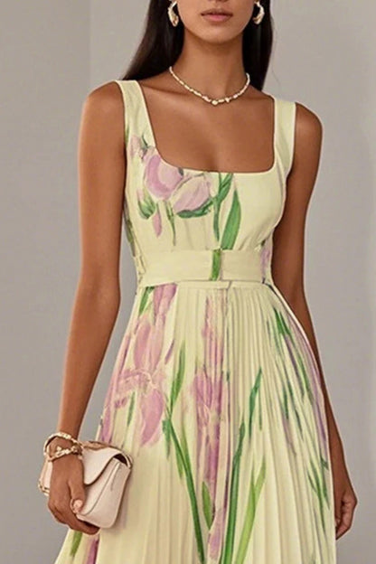 Floral Pleated Belted Maxi Dress