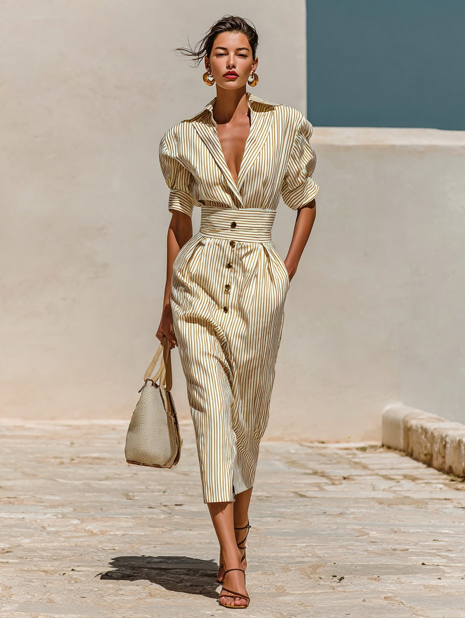 Striped Pleated Midi Shirt Dress