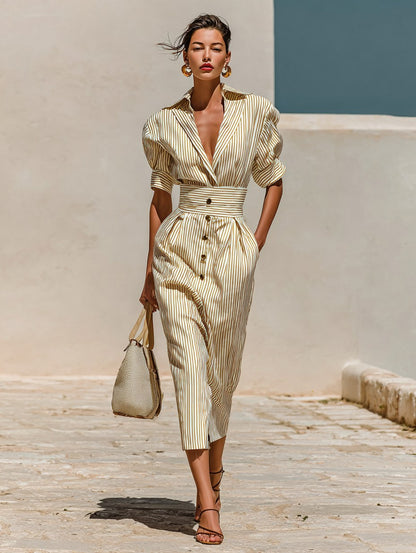 Striped Pleated Midi Shirt Dress