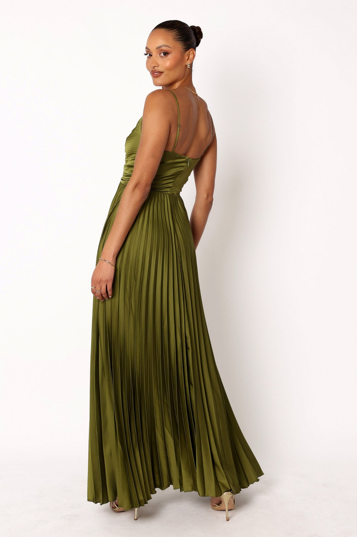 Satin Ruched Pleated Maxi Dress