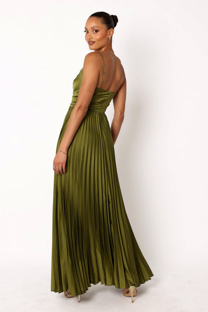 Satin Ruched Pleated Maxi Dress