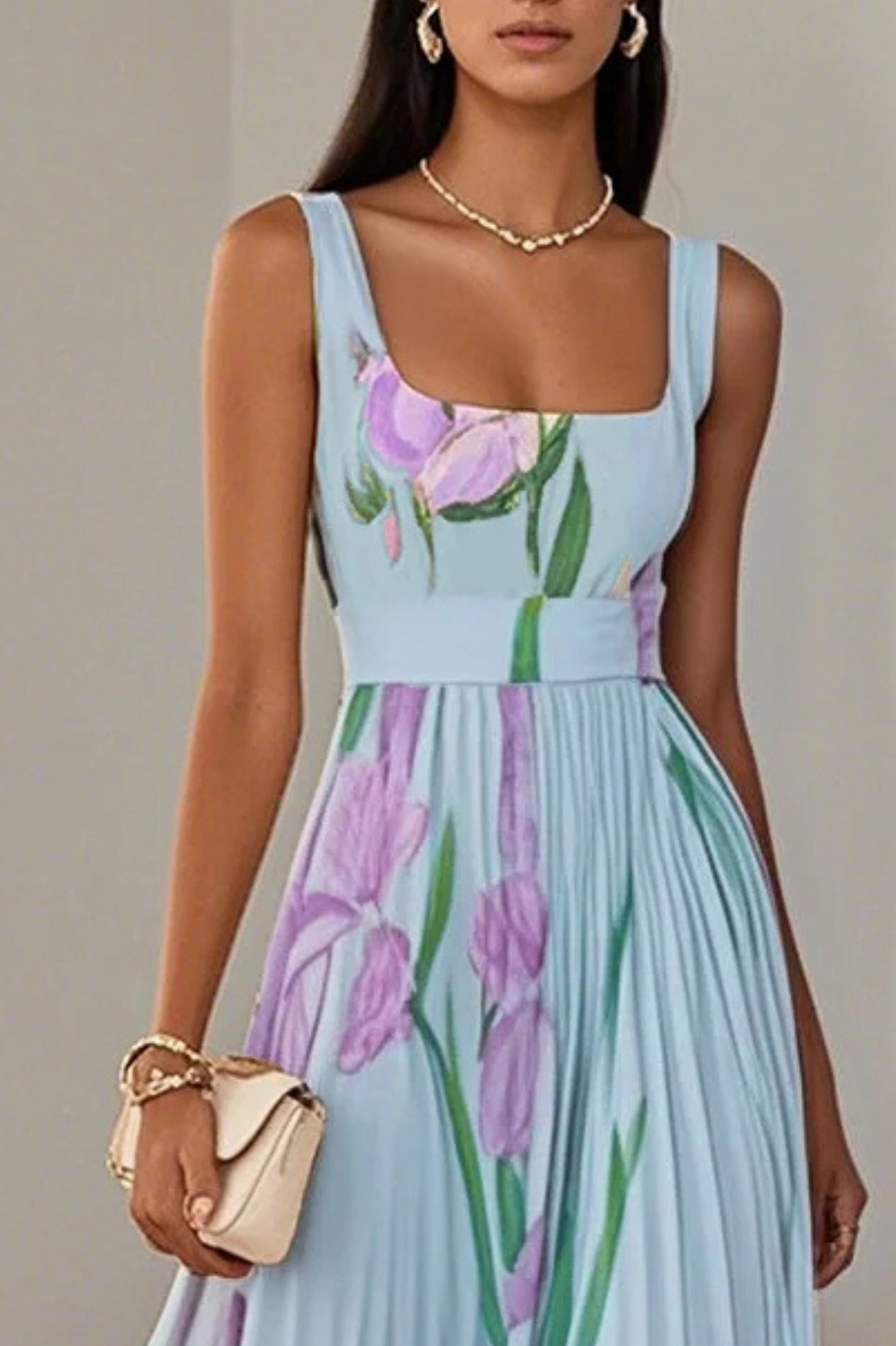 Floral Pleated Belted Maxi Dress