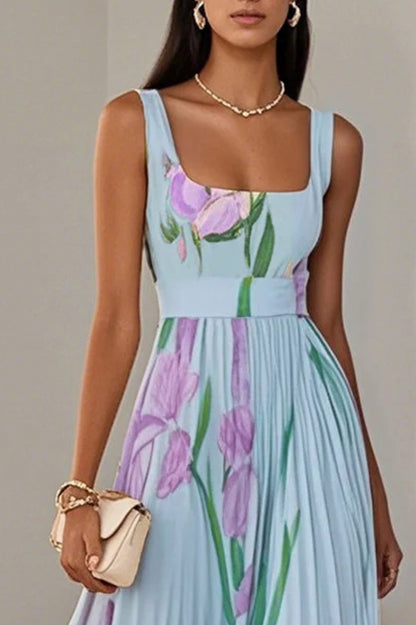 Floral Pleated Belted Maxi Dress