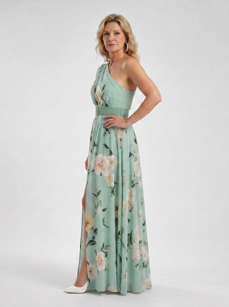 Floral One Shoulder Belted Maxi