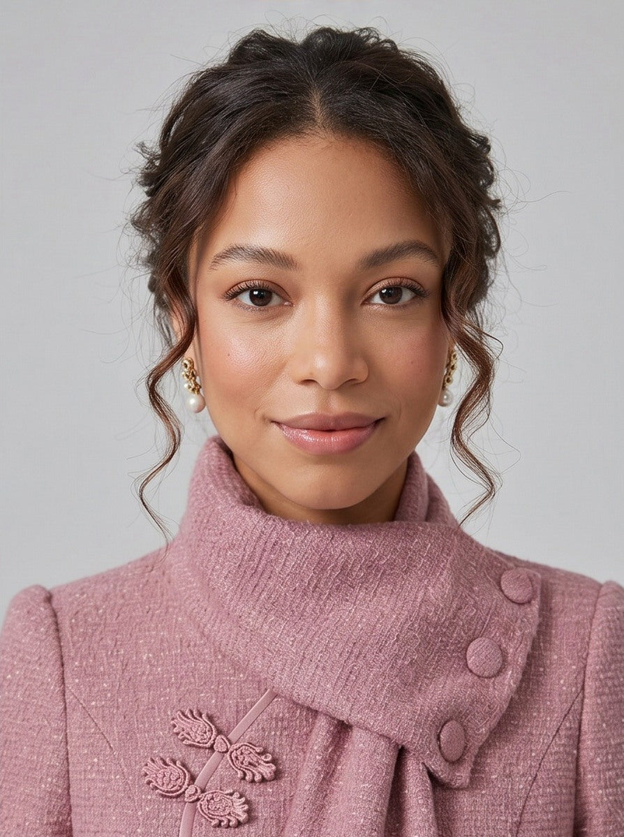 Pink Scarf Neck Long Sleeve Midi Dress