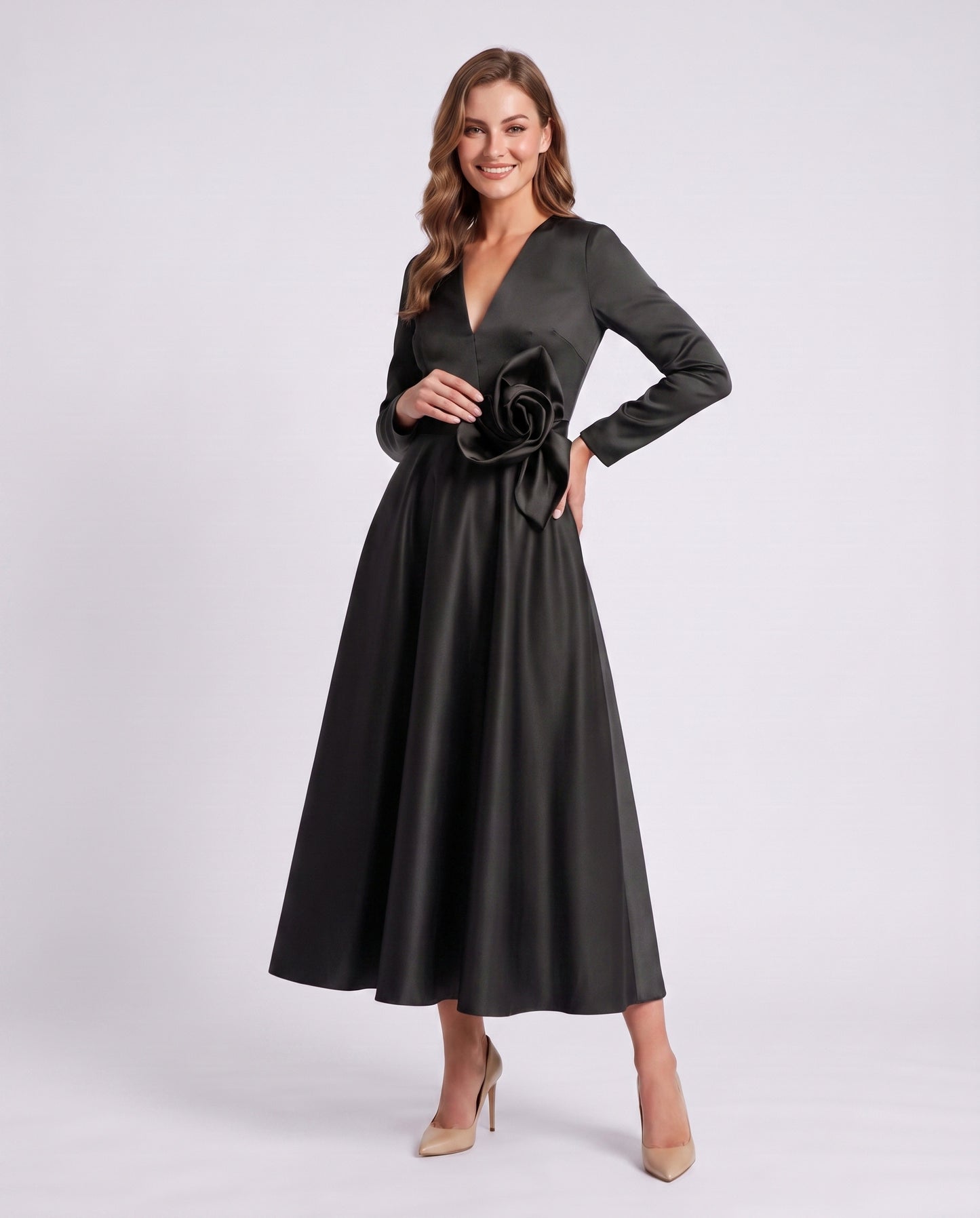 Satin Long Sleeve Midi Dress