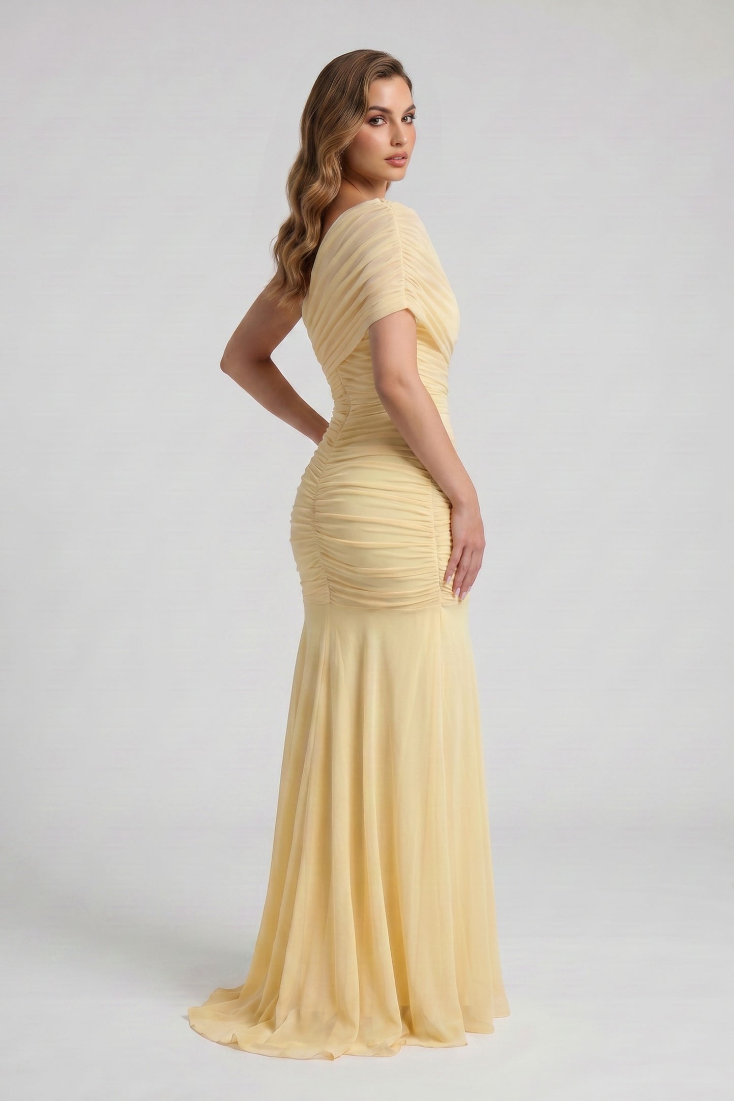 Chiffon Ruched High Neck Maxi Dress