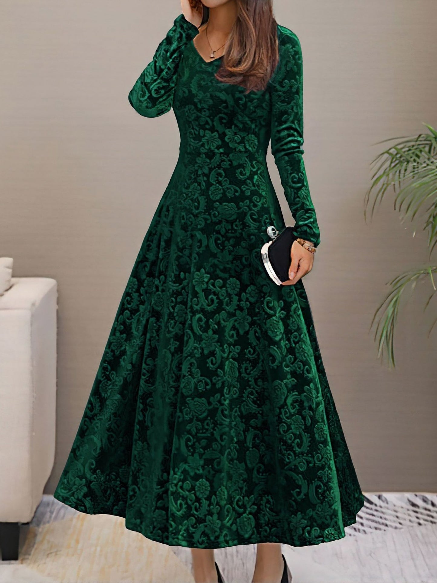 Textured Velvet Long Sleeve Maxi Dress