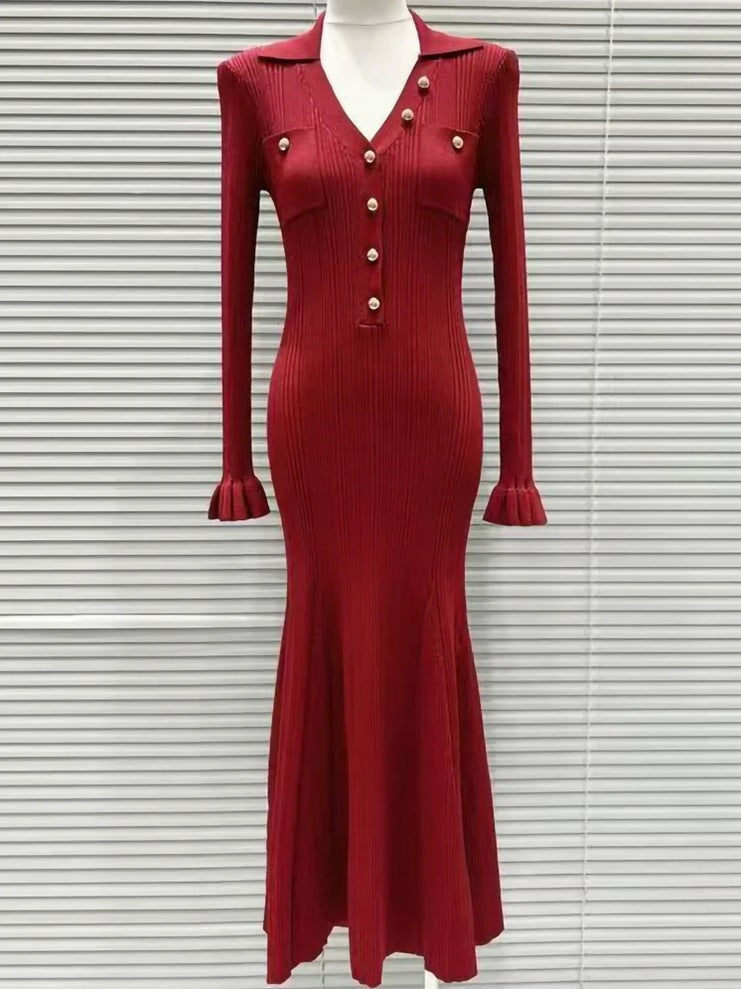 Ribbed Knit Button Front Midi Dress