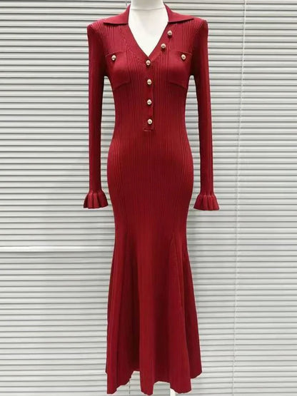 Ribbed Knit Button Front Midi Dress