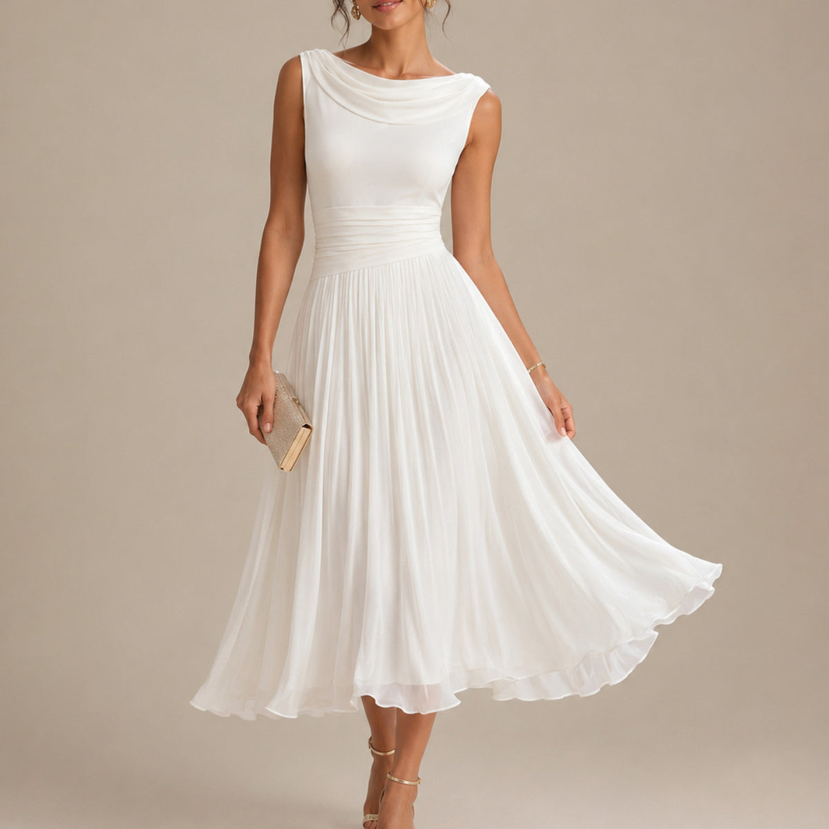 Cowl Neck Pleated Midi Dress