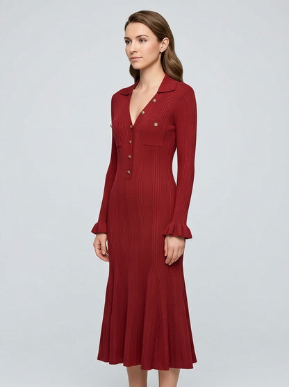 Ribbed Knit Button Front Midi Dress