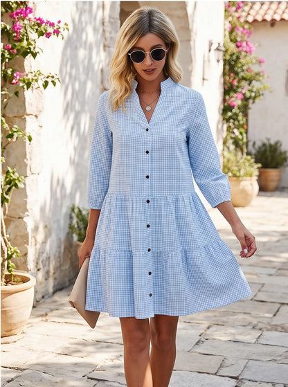 3/4 Sleeve Gingham Tiered Mini Shirt Dress