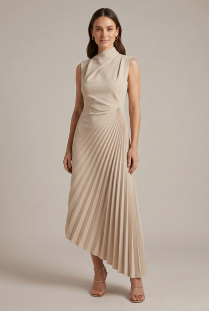 High Neck Pleated Midi Dress
