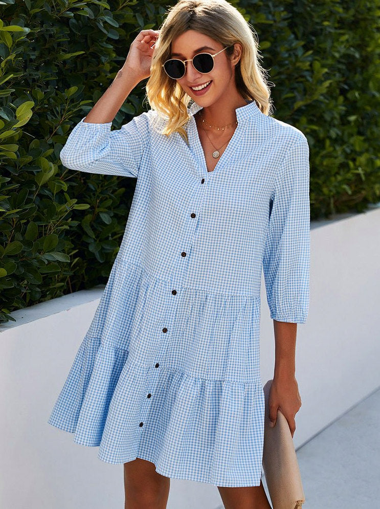 3/4 Sleeve Gingham Tiered Mini Shirt Dress