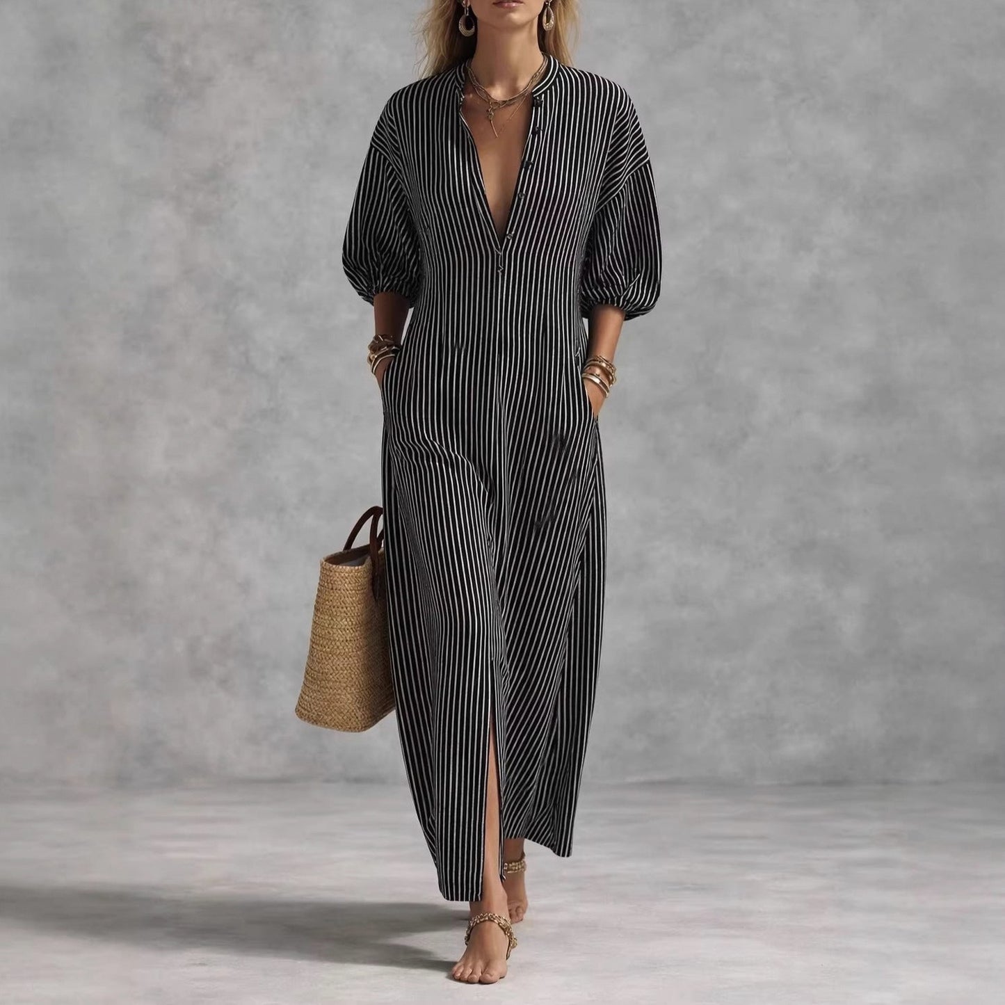 Striped Balloon Sleeve Maxi Dress