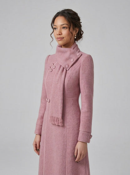 Pink Scarf Neck Long Sleeve Midi Dress